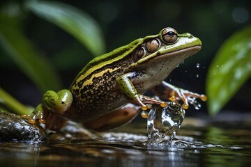 A small frog leaping over a stream in a lush green tropical rainforest.