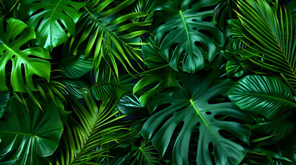 Vibrant Green Tropical Leaves Pattern Background with Lush Foliage and Detailed Texture