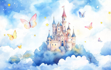 Watercolor illustration of fantasy castle over colorful background.
