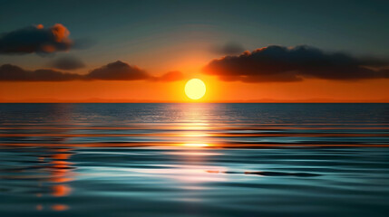 Obraz premium A Digital Illustration of a Vibrant Sunset Over the Ocean, with a Large Orange Sun Setting Behind Dark Clouds, Creating a Dramatic and Beautiful Scene