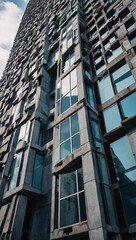 Fototapeta premium n abstract, asymmetrical building with jagged concrete walls and large glass windows, creating a stark, modern look against the sky