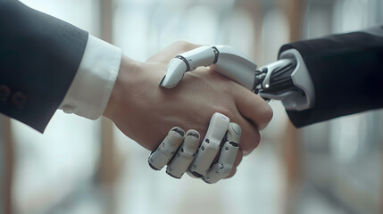 Handshake between an android robot and a human as an interaction gesture. AI Generated