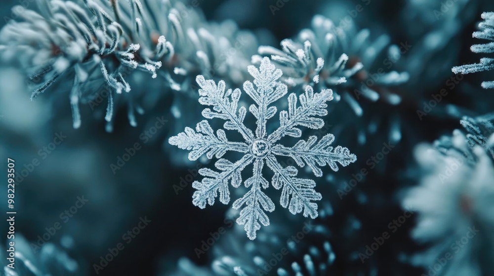 Poster A delicate snowflake rests on a frosty pine branch, showcasing intricate patterns and the beauty of winter's chill.