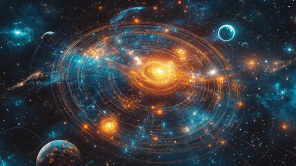Obraz premium A cosmic mandala with celestial bodies orbiting in intricate circular patterns, representing universal balance and the flow of energy.