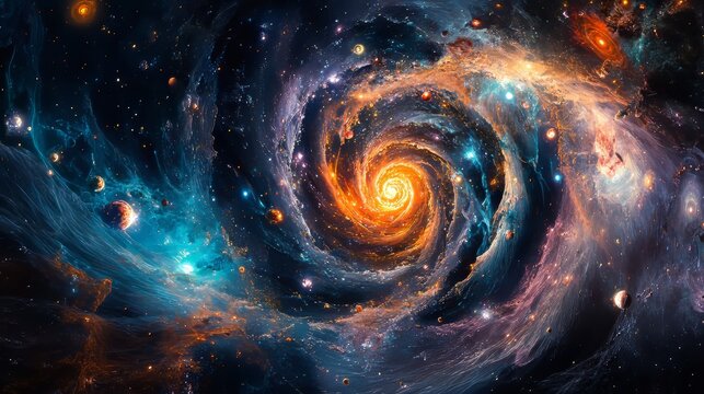 A cosmic mandala with celestial bodies orbiting in intricate circular patterns, representing universal balance and the flow of energy.