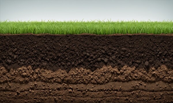 Cross-section of soil layers with green grass above