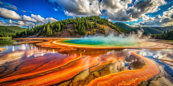 "Glamous terracotta hues dance amidst lush flora at Grand Prismatic Hot Spring, Wyoming, America's largest hot spring"