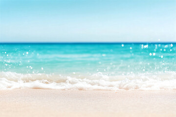Crystal clear turquoise ocean water gently washing the sandy beach on a sunny summer day, creating a serene atmosphere with foamy waves and a brilliant blue sky