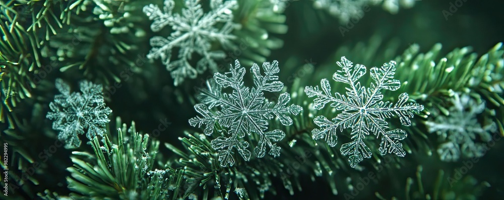 Poster close-up of snowflakes resting on evergreen branches, showcasing delicate patterns and a serene wint