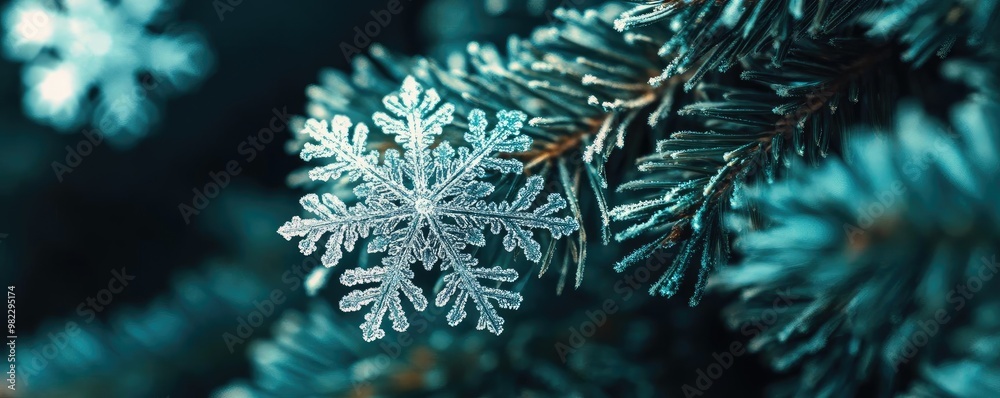 Poster a close-up of a delicate snowflake resting on a pine needle, showcasing intricate details of winter 
