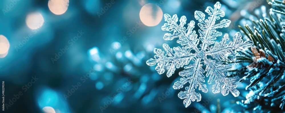 Poster a stunning close-up of a snowflake on a pine branch, capturing the beauty of winter with sparkling b