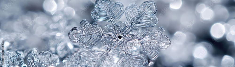 Poster A close-up of a snowflake highlighting its intricate details and unique structure, showcasing the beauty of winter's artistry.