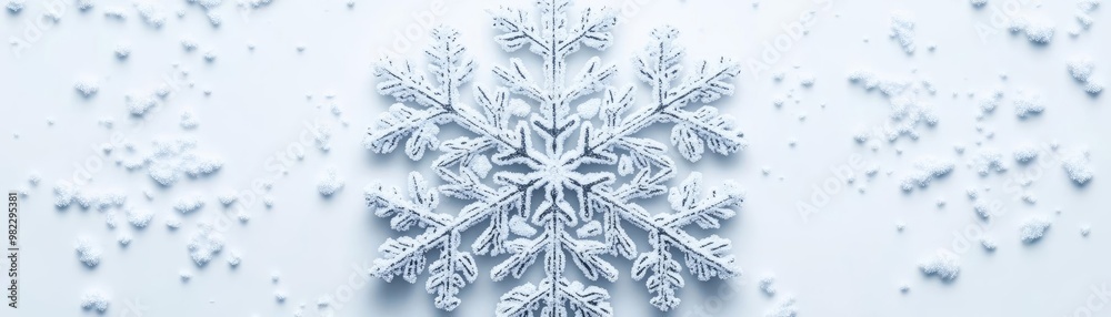Poster Close-up of a delicate snowflake resting on a white surface, showcasing intricate patterns and beautiful winter details.