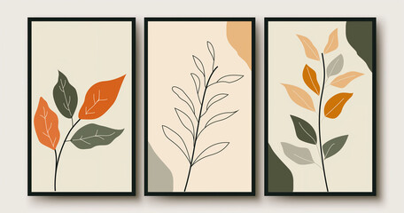 set of canvases frame with an abstract foliage. green and orange Plant stick art design wallpaper autumn leaves 