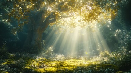 Fototapeta premium Sunbeams Illuminating a Mossy Forest Floor