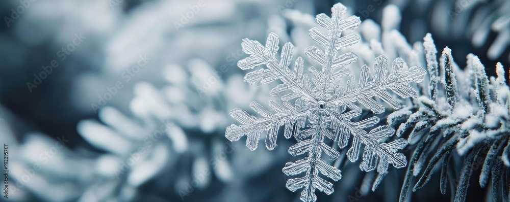 Poster Close-up of a delicate snowflake resting on a frosted pine needle, showcasing intricate ice patterns and winter beauty.