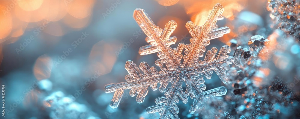 Poster close-up of a beautiful snowflake with intricate patterns, glistening in soft sunlight, representing