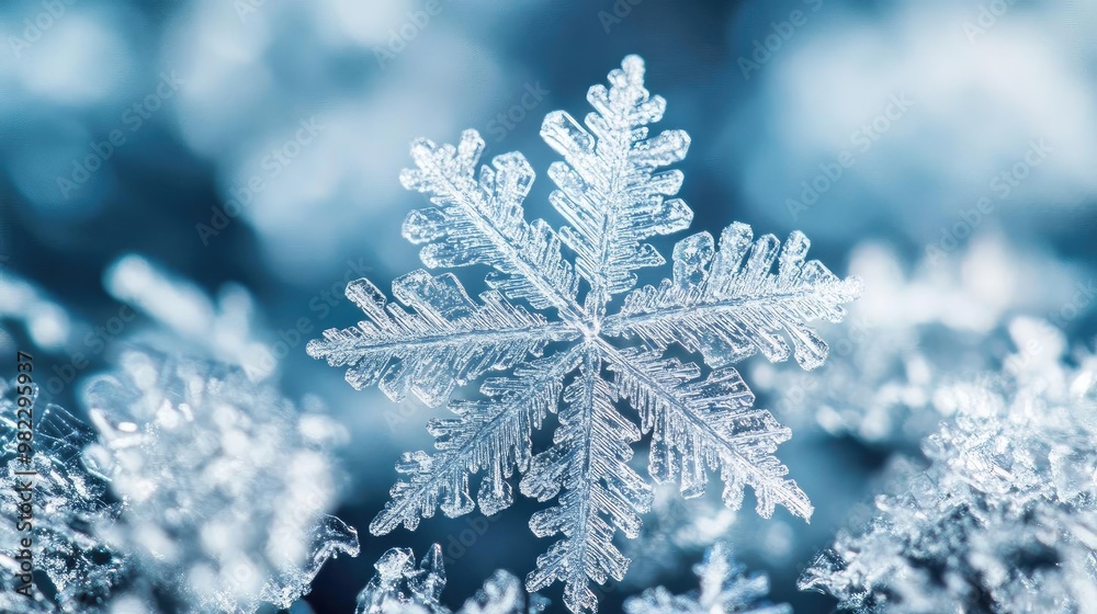Aufkleber Close-up of a delicate snowflake resting on a soft surface, showcasing intricate patterns of winter beauty and frost.