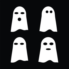 Obraz premium White ghost silhouette isolated on a black background, concept of Halloween, spooky spirit, minimalist style, cute phantom illustration, icon, design element. Halloween ghost. EPS 10.