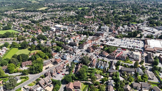 .Crowborough town in Kent UK establishing aerial shot