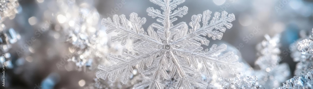 Poster Close-up of a beautiful, intricate snowflake on a frosty surface, showcasing detailed patterns and delicate ice crystals.