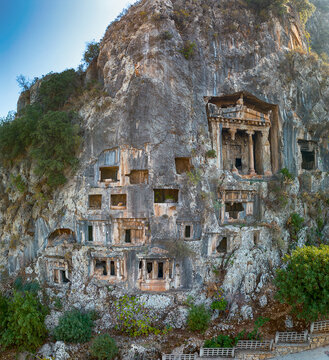 Drone view over Amyntas Rock Tombs at ancient Telmessos, in Lycia. Now in the city of Fethiye, Turkey