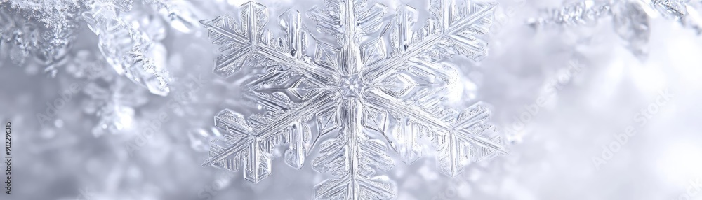 Poster A close-up view of a delicate snowflake resting on a soft blanket of snow, showcasing its intricate and unique patterns.