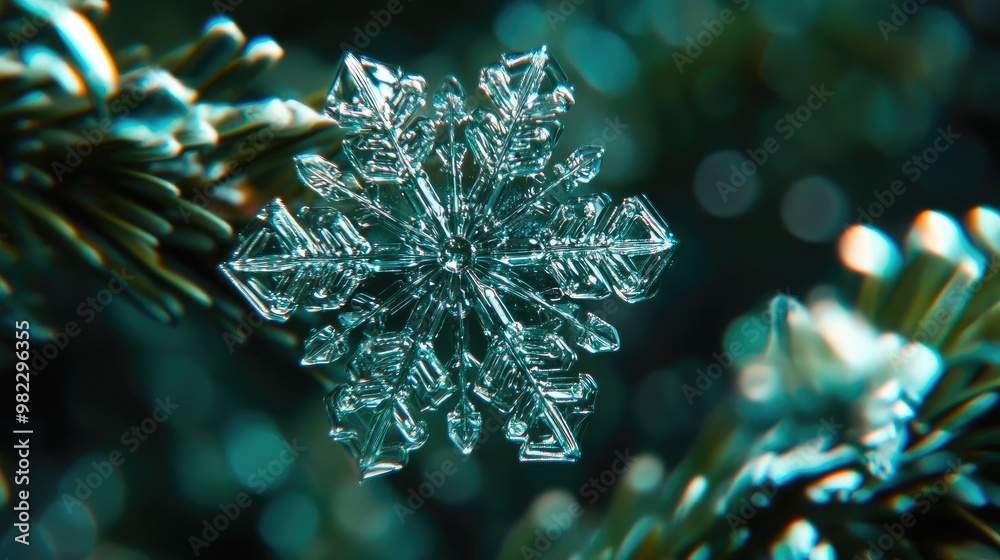 Poster Close-up of an intricate snowflake shimmering on a pine branch, showcasing its unique crystalline structure and winter beauty.
