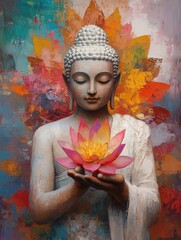 Buddha holding colorful lotus flower, oil painting