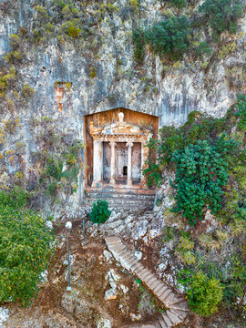 Drone view over Amyntas Rock Tombs at ancient Telmessos, in Lycia. Now in the city of Fethiye, Turkey