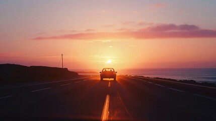 Fototapeta premium A lone car driving on a seaside highway at sunrise, the road stretching into the horizon with morning light reflecting off the hood. The car's silhouette is sharp against the vibrant sky, emphasizing 