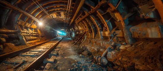 A dimly lit underground tunnel showcasing railway tracks, rusty pipes, and rocky terrain, creating an eerie and adventurous atmosphere.