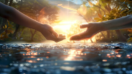 Two Hands Reaching Towards Each Other Over a Rippling Water Surface, With a Golden Sunset Background