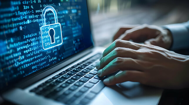 Close-up of Hands Typing on Laptop with Blue Padlock Icon, Illustrating Cybersecurity and Data Protection Concepts