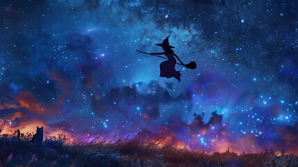 Fototapeta premium A charming image of a witch flying on her broom with her cat sitting on the broomstick behind her, soaring through a starry night sky. 8k UHD, suitable for high-quality printing or digital display. 