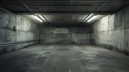 A Concrete Room with Two Fluorescent Lights on the Ceiling, Illuminated by a Dull Glow, Casting Long Shadows on the Floor, Creates a Minimalist and Eerie Atmosphere