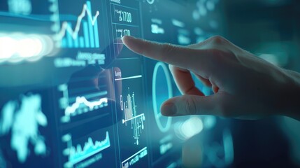 front view of index finger touching on infographic screen with graphs on screen, Business person with analysis, information and statistics for financial report   ,generative ai