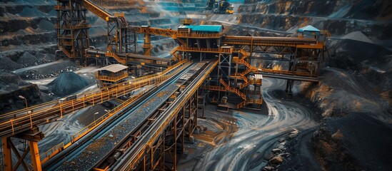 High-angle view of an industrial mining site showcasing machinery and conveyor belts in a rocky landscape.