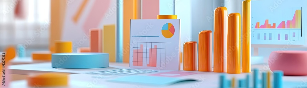 Poster vibrant and colorful office workspace featuring data charts, graphs, and 3d bar charts for business 