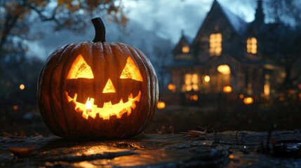 Halloween pumpkin with candlelight in front of a haunted house background,