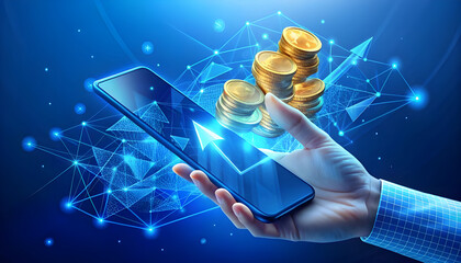 Cashback concept 3D abstract phone in a hand with credit bank card falling coins return arrows
