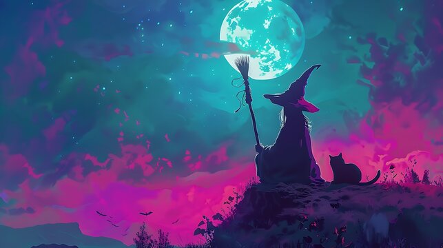 A whimsical illustration of a witch wearing a pointed hat, holding a broomstick, with a black cat sitting beside her under a full moon. 8k UHD, suitable for high-quality printing or digital 