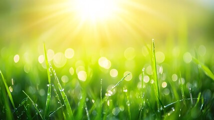 Obraz premium Dewdrops on Green Grass Blades with Sunrays in the Background