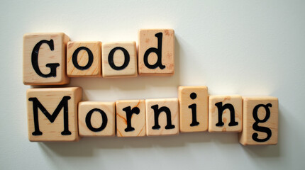 Wooden blocks with letters create a cheerful greeting that says 'Good Morning' against a simple wall, adding a touch of positivity and warmth to the space