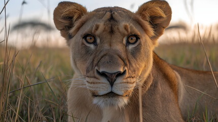 Fototapeta premium Close-up portrait of lioness face in grass
