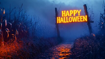 A spooky Halloween night with glowing jack-o-lanterns and a bright sign in a foggy cornfield