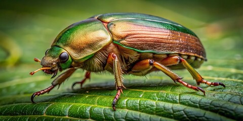 Naklejka premium Golden light illuminates the June bug's delicate green-brown armor, intricate veins visible on the leaf beneath its