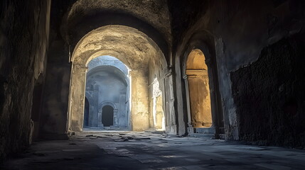 Fototapeta premium Ancient stone arches and corridors with dramatic light beams. Historical architecture, mysterious ambiance, abandoned ruins