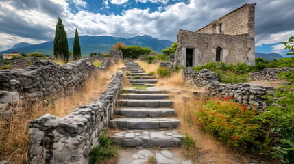 Stone stairway leading ruins amid mountain landscape. Historical site, architectural remnants, countryside view