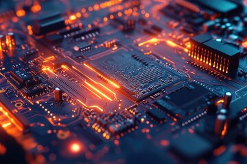 Obraz premium Close-up of a glowing circuit board with vibrant lights and intricate details, showcasing advanced technology and modern design.